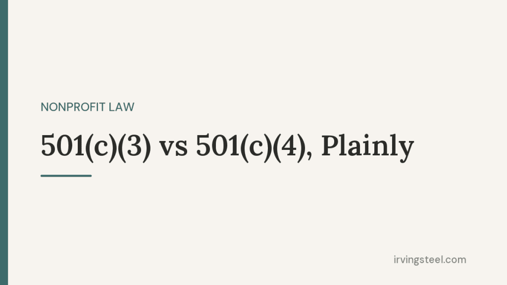 Two doors representing the choice between 501c3 charity status and 501c4 social welfare status